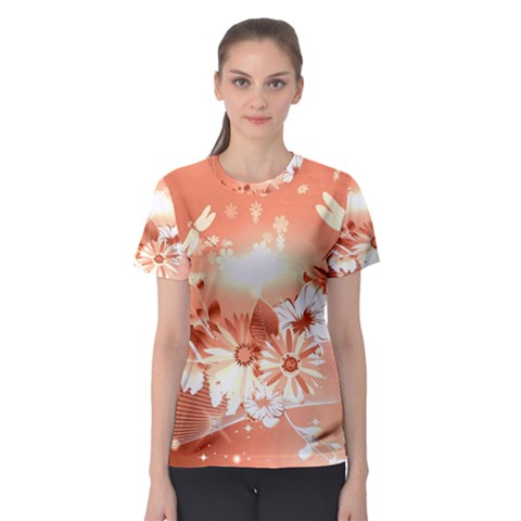 Amazing Flowers With Dragonflies Women s Sport Mesh Tees by FantasyWorld7