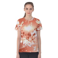 Amazing Flowers With Dragonflies Women s Cotton Tees