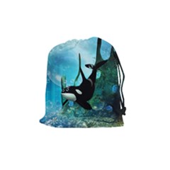 Orca Swimming In A Fantasy World Drawstring Pouches (medium) 