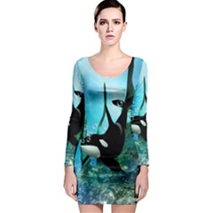 Orca Swimming In A Fantasy World Long Sleeve Bodycon Dresses by FantasyWorld7