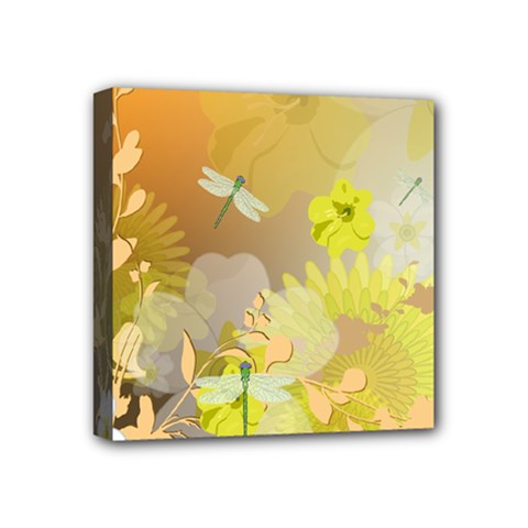 Beautiful Yellow Flowers With Dragonflies Mini Canvas 4  X 4 