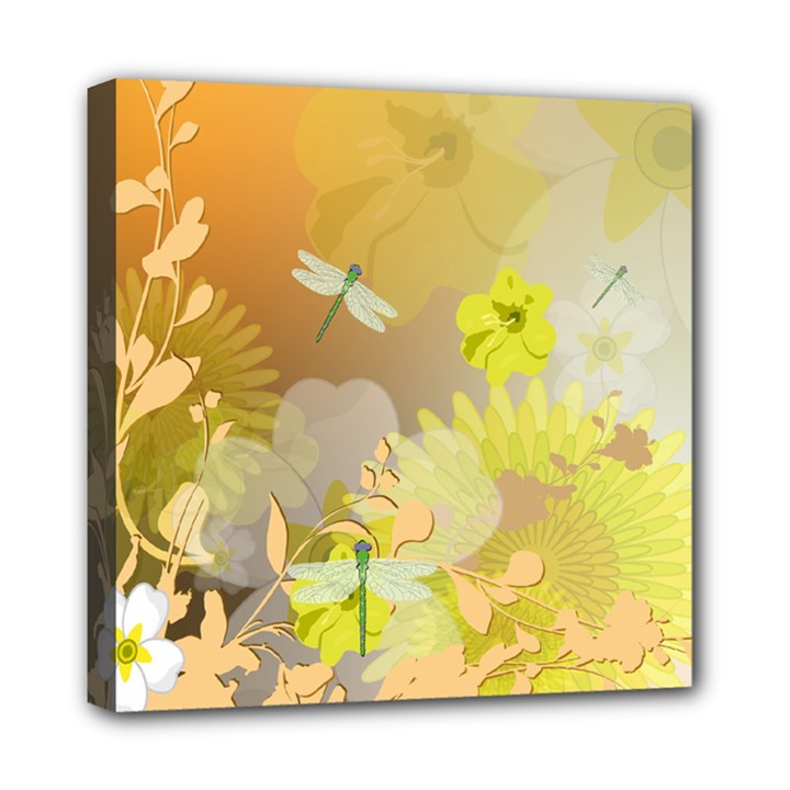 Beautiful Yellow Flowers With Dragonflies Mini Canvas 8  x 8 