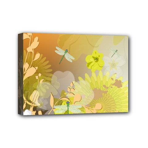 Beautiful Yellow Flowers With Dragonflies Mini Canvas 7  X 5 