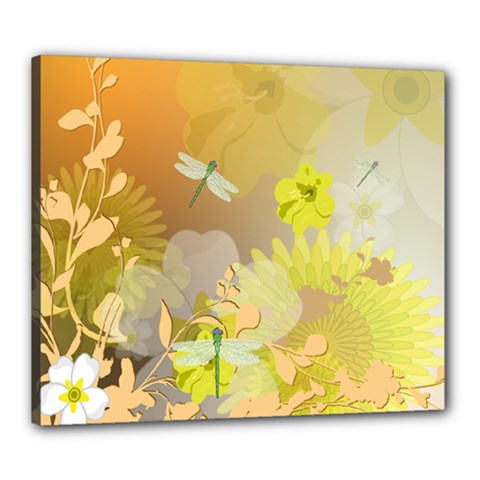 Beautiful Yellow Flowers With Dragonflies Canvas 24  X 20 