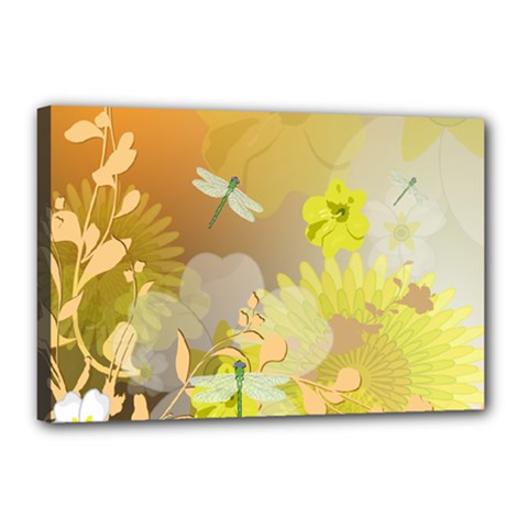 Beautiful Yellow Flowers With Dragonflies Canvas 18  X 12 