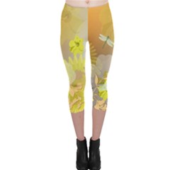 Beautiful Yellow Flowers With Dragonflies Capri Leggings