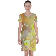 Beautiful Yellow Flowers With Dragonflies Short Sleeve Nightdresses by FantasyWorld7