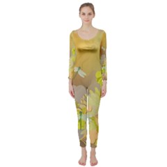 Beautiful Yellow Flowers With Dragonflies Long Sleeve Catsuit by FantasyWorld7