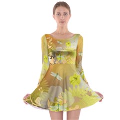 Beautiful Yellow Flowers With Dragonflies Long Sleeve Skater Dress