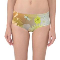 Beautiful Yellow Flowers With Dragonflies Mid-waist Bikini Bottoms