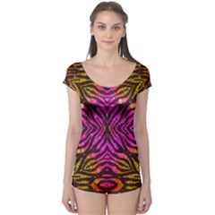 Florescent Pink Zebra Pattern  Short Sleeve Leotard by OCDesignss