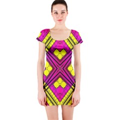 Florescent Pink Yellow Abstract  Short Sleeve Bodycon Dresses