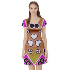 Pink Black Yellow Abstract  Short Sleeve Skater Dresses