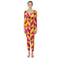 Pink And Yellow Shapes Pattern  Long Sleeve Catsuit