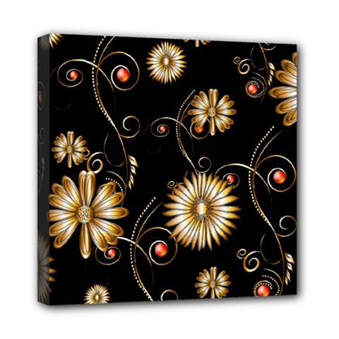 Golden Flowers On Black Background Mini Canvas 8  X 8 