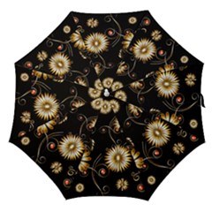 Golden Flowers On Black Background Straight Umbrellas