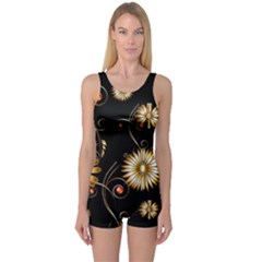 Golden Flowers On Black Background Women s Boyleg One Piece Swimsuits