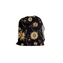 Golden Flowers On Black Background Drawstring Pouches (small) 