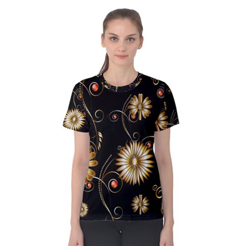 Golden Flowers On Black Background Women s Cotton Tees by FantasyWorld7