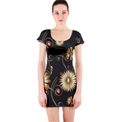 Golden Flowers On Black Background Short Sleeve Bodycon Dresses