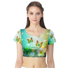 Flowers With Wonderful Butterflies Short Sleeve Crop Top