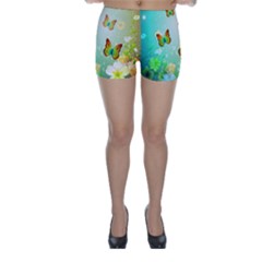 Flowers With Wonderful Butterflies Skinny Shorts