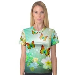 Flowers With Wonderful Butterflies Women s V-neck Sport Mesh Tee