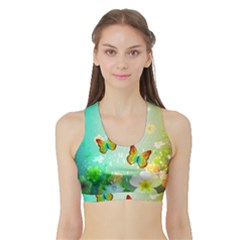 Flowers With Wonderful Butterflies Women s Sports Bra With Border