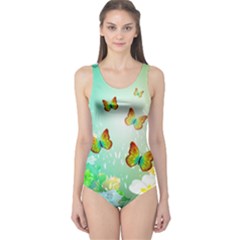 Flowers With Wonderful Butterflies Women s One Piece Swimsuits