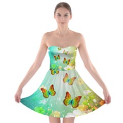 Flowers With Wonderful Butterflies Strapless Bra Top Dress