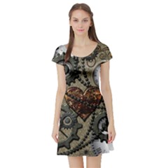 Steampunk With Clocks And Gears And Heart Short Sleeve Skater Dresses