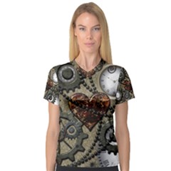 Steampunk With Clocks And Gears And Heart Women s V-neck Sport Mesh Tee