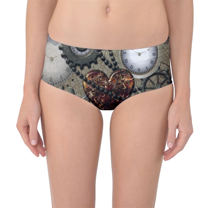 Steampunk With Clocks And Gears And Heart Mid-Waist Bikini Bottoms