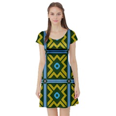 Rhombus In Squares Pattern Short Sleeve Skater Dress