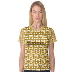 Olive And White Owl Pattern Women s V-neck Sport Mesh Tee