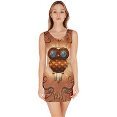 Steampunk, Funny Owl With Clicks And Gears Bodycon Dresses