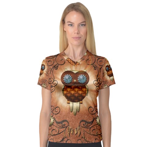 Steampunk, Funny Owl With Clicks And Gears Women s V-neck Sport Mesh Tee by FantasyWorld7