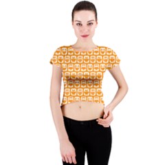 Yellow And White Owl Pattern Crew Neck Crop Top by GardenOfOphir