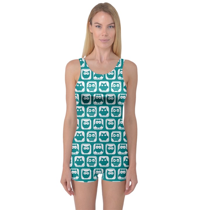 Teal And White Owl Pattern Women s Boyleg One Piece Swimsuits