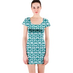 Teal And White Owl Pattern Short Sleeve Bodycon Dresses