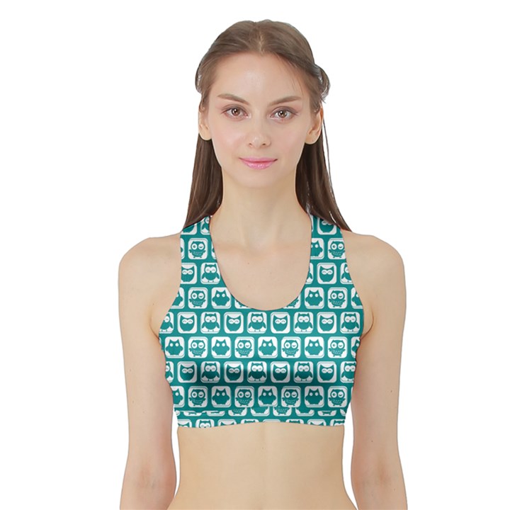 Teal And White Owl Pattern Women s Sports Bra with Border