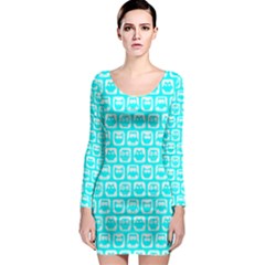 Aqua Turquoise And White Owl Pattern Long Sleeve Bodycon Dresses