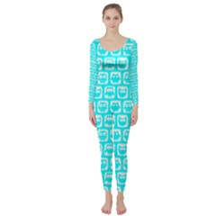 Aqua Turquoise And White Owl Pattern Long Sleeve Catsuit by GardenOfOphir