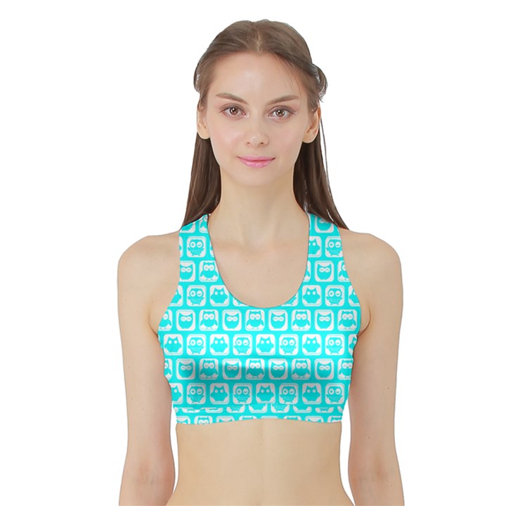 Aqua Turquoise And White Owl Pattern Women s Sports Bra with Border