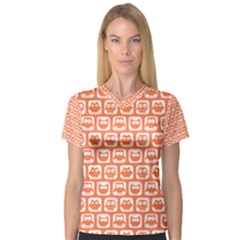 Coral And White Owl Pattern Women s V-neck Sport Mesh Tee