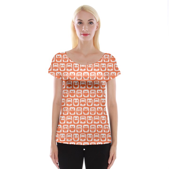 Coral And White Owl Pattern Women s Cap Sleeve Top