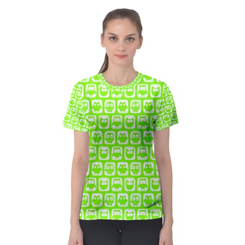 Lime Green And White Owl Pattern Women s Sport Mesh Tees by GardenOfOphir