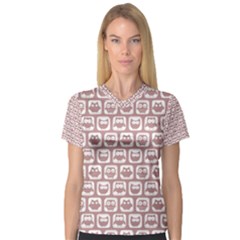 Light Pink And White Owl Pattern Women s V-neck Sport Mesh Tee