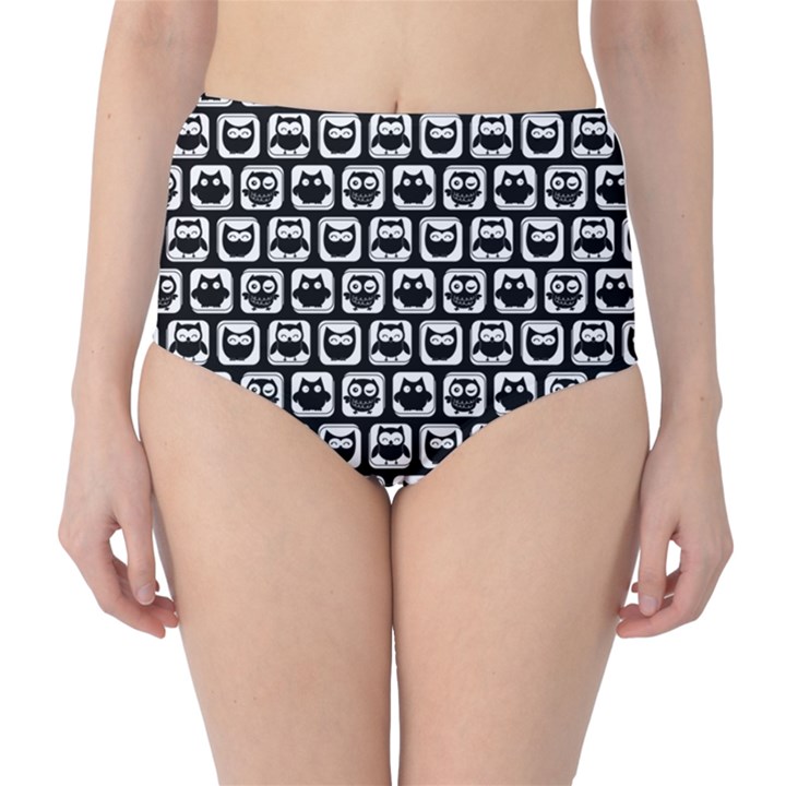 Black And White Owl Pattern High-Waist Bikini Bottoms