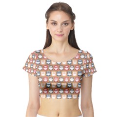 Colorful Whimsical Owl Pattern Short Sleeve Crop Top by GardenOfOphir